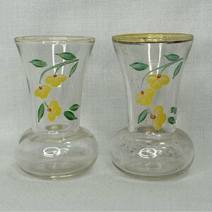 Vintage Hand Painted Dainty Glass Bud Vases Yellow Flowers Gold Trim Aprx. 4”